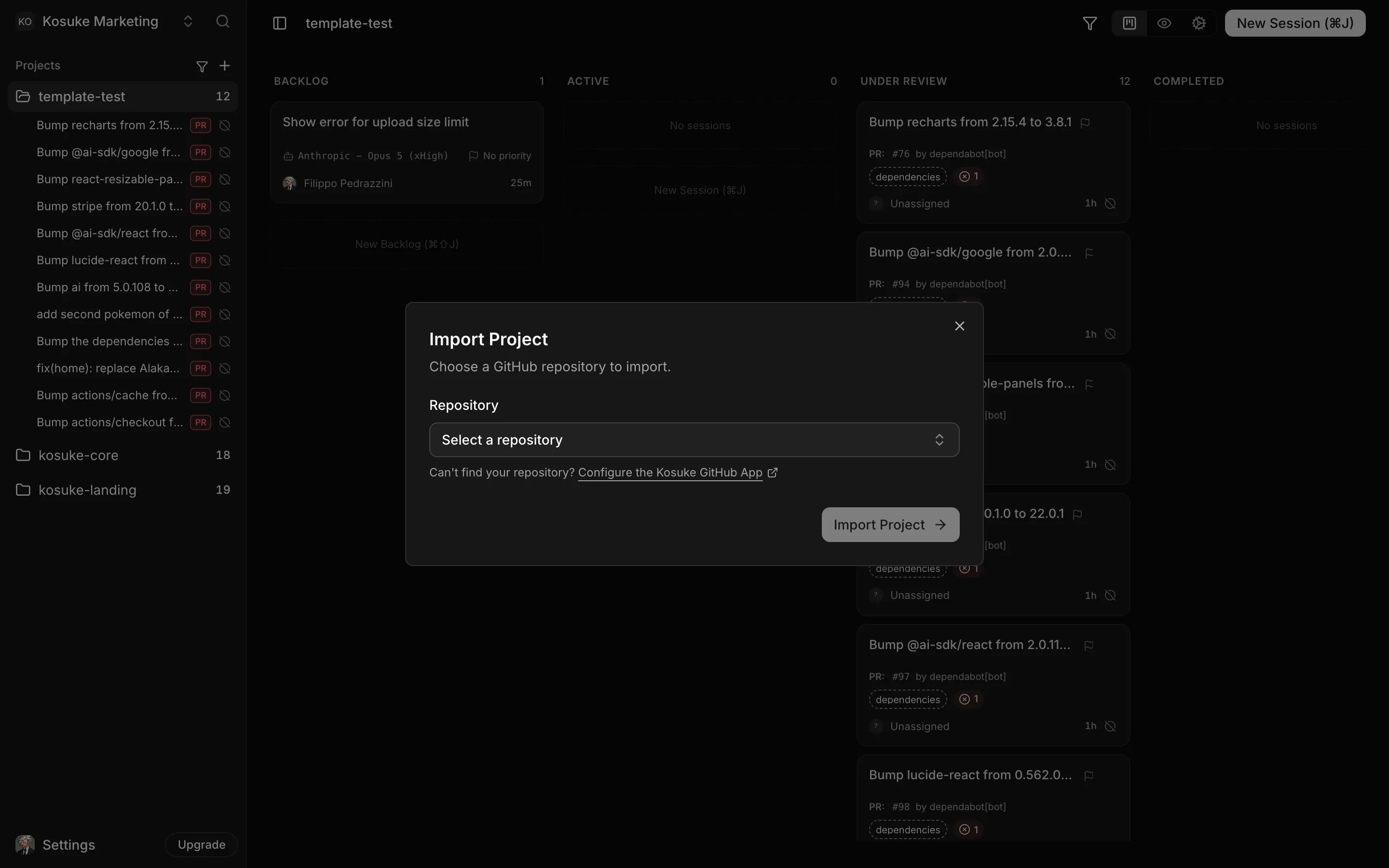 The Kosuke app with the Import Project dialog open over the project board. The dialog reads "Choose a GitHub repository to import" and holds a Repository dropdown set to "Select a repository", a link reading "Can't find your repository? Configure the Kosuke GitHub App", and an Import Project button. Behind it, the sidebar lists the workspace Kosuke Marketing and its projects.