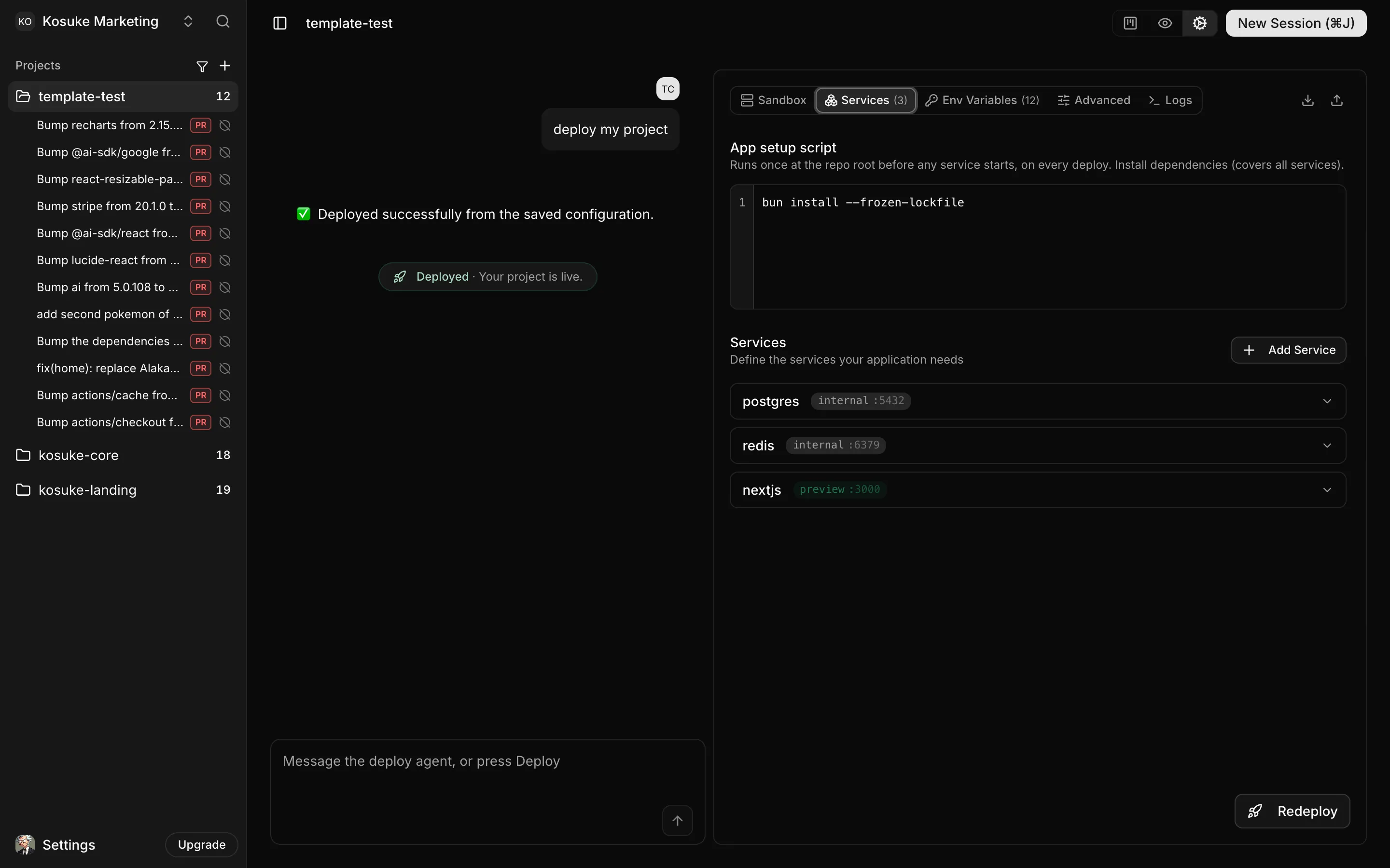 The Services tab of project settings, with the deploy conversation still on the left. The tab holds an app setup script reading "bun install --frozen-lockfile", then three services: postgres marked internal port 5432, redis marked internal port 6379, and nextjs marked preview port 3000.